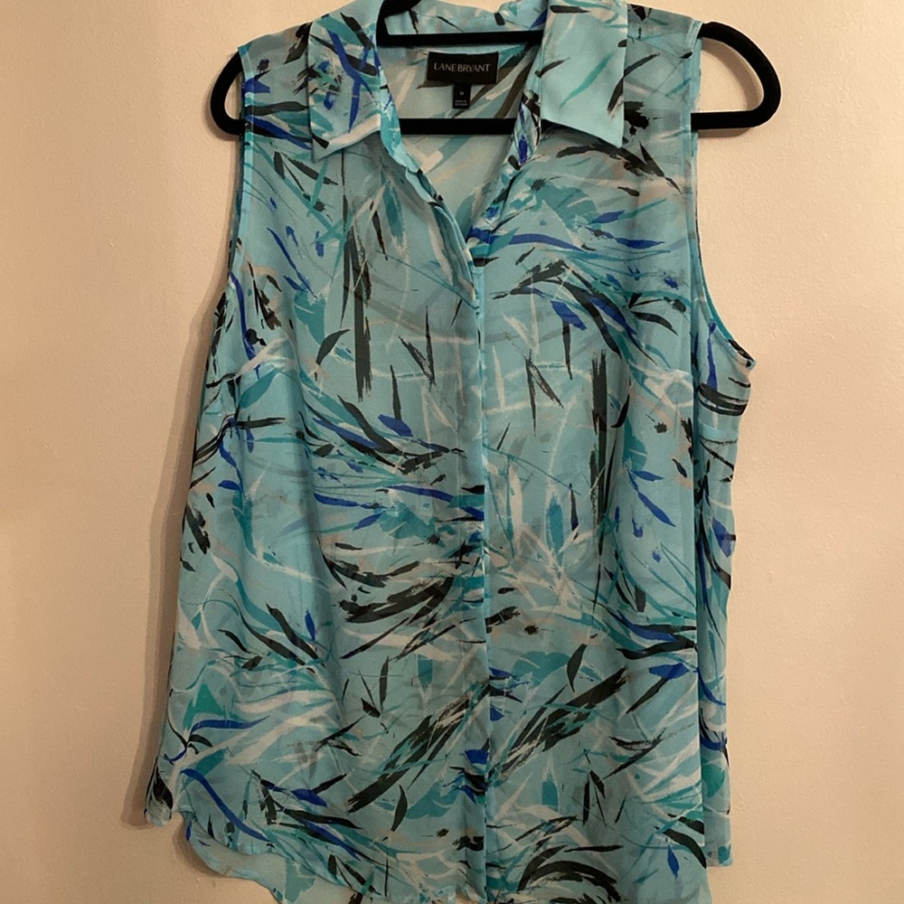 Lane Bryant Sheer Aqua Sleeveless Top w Collar Hidden Button Front Size 18